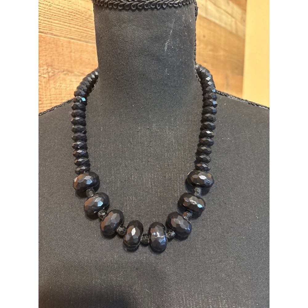 Black Graduating Faceted Resin Bead Statement Necklace Silver Tone Adjustable